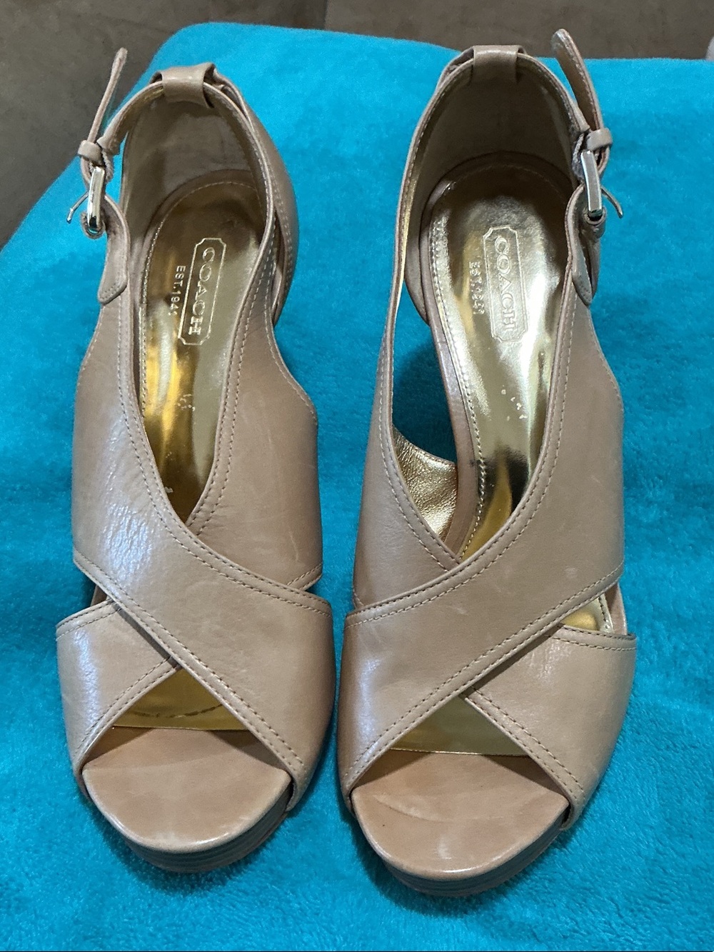 Coach Taupe Crisscross Leather Open-Toe Sandals with Buckle